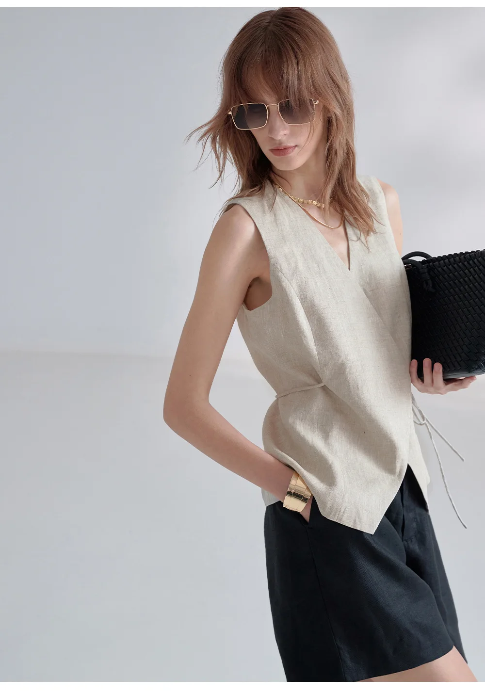 100% Linen V-Neck Vest Women's Tank Top French Vintage Lace-up Top Casual Sleeveless Office Ladies Waist-Cinched Linen Tops