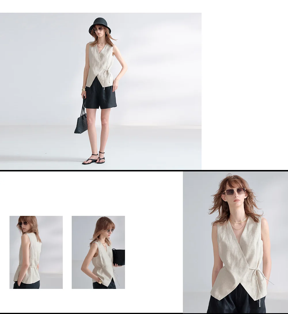 100% Linen V-Neck Vest Women's Tank Top French Vintage Lace-up Top Casual Sleeveless Office Ladies Waist-Cinched Linen Tops