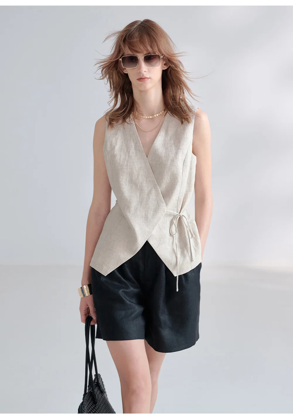 100% Linen V-Neck Vest Women's Tank Top French Vintage Lace-up Top Casual Sleeveless Office Ladies Waist-Cinched Linen Tops