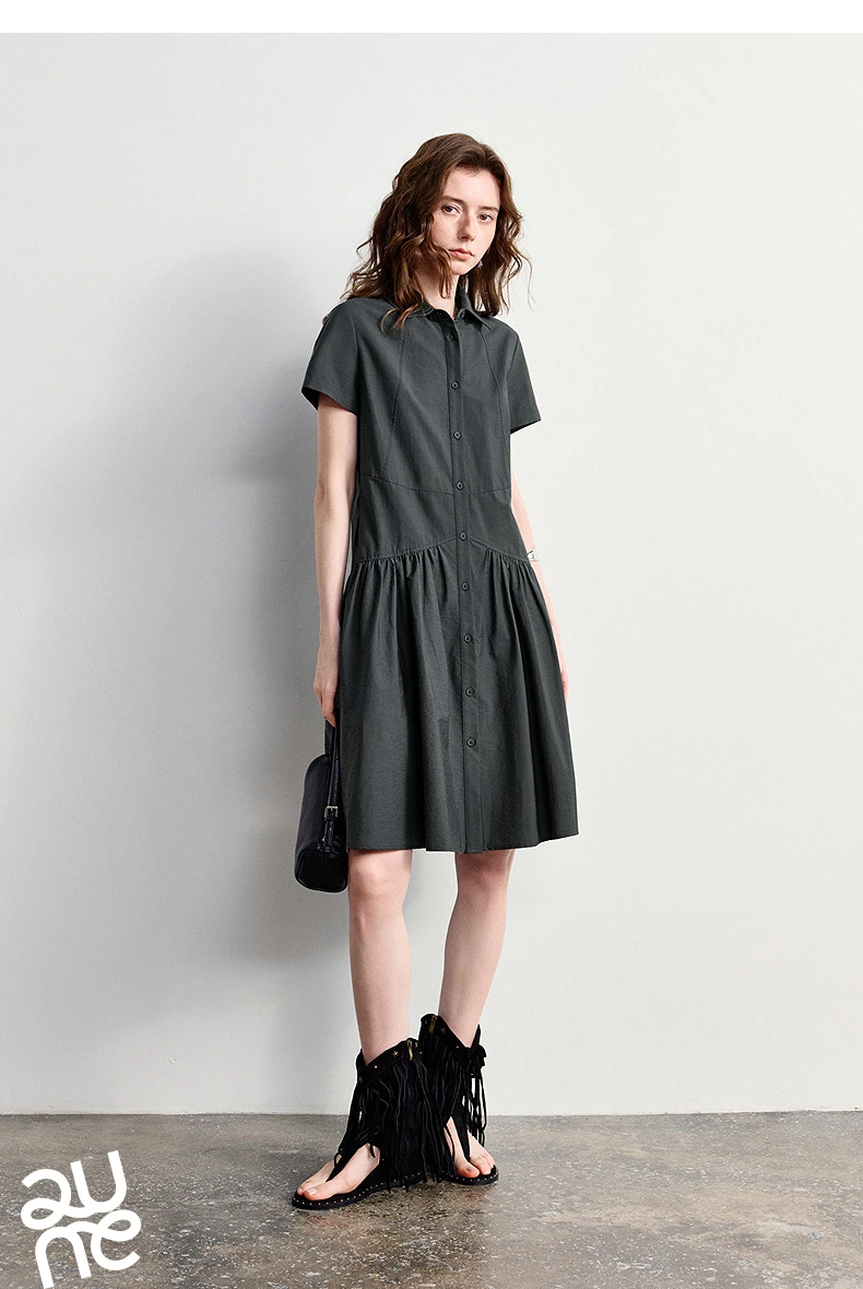 TOYOUTH Women Dress 2026 Summer New Smart Casual Commuter Petite Splicing Short Sleeve Shirt Midi Trendy Dresses