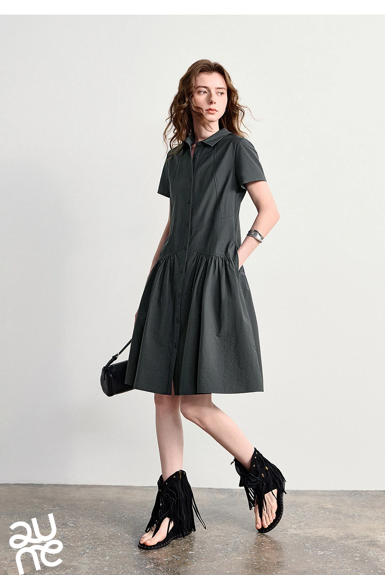 TOYOUTH Women Dress 2026 Summer New Smart Casual Commuter Petite Splicing Short Sleeve Shirt Midi Trendy Dresses