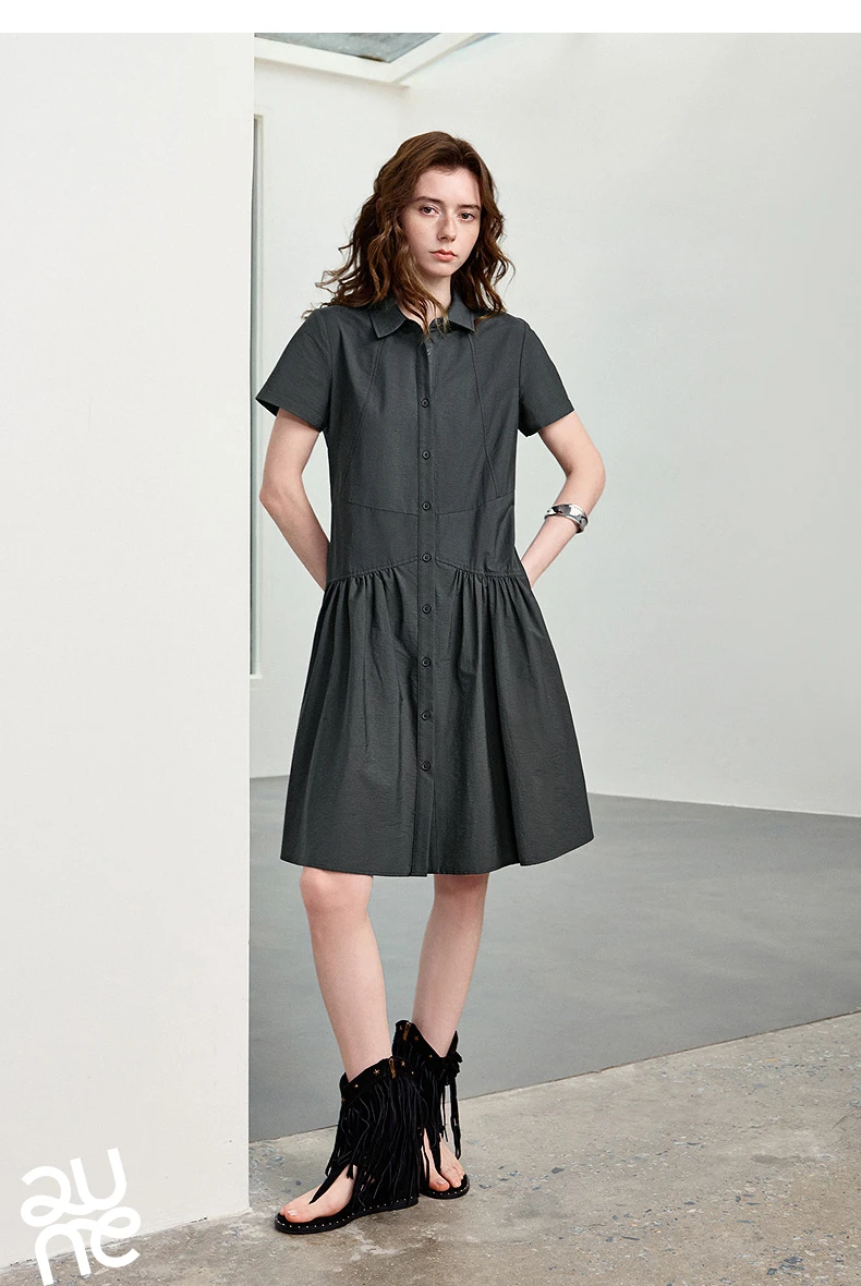 TOYOUTH Women Dress 2026 Summer New Smart Casual Commuter Petite Splicing Short Sleeve Shirt Midi Trendy Dresses