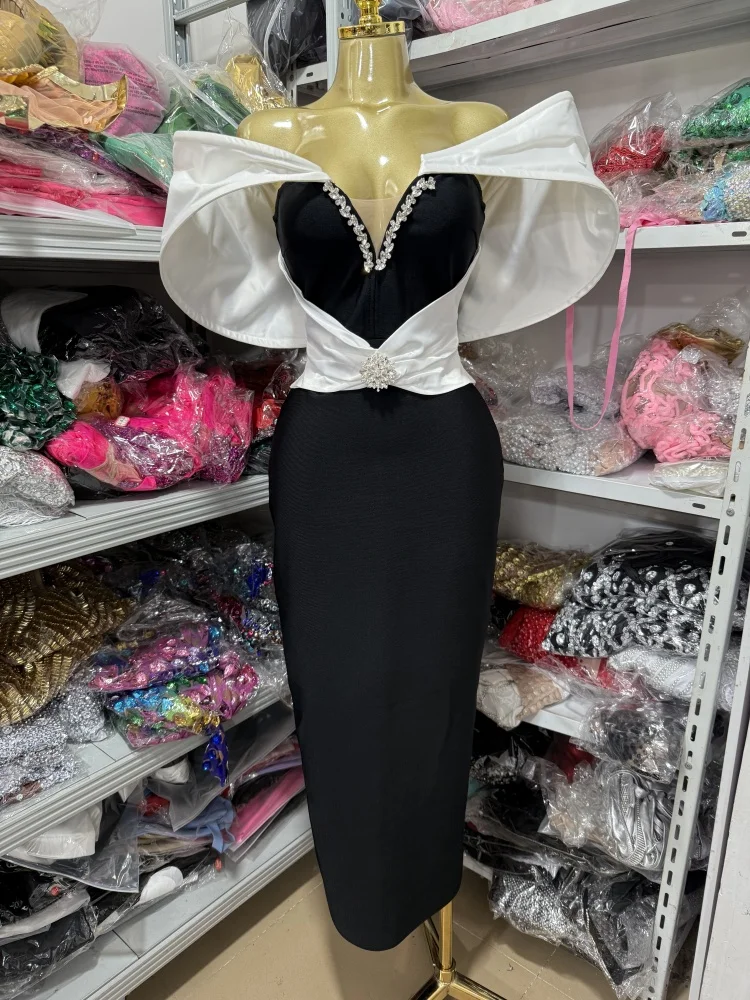 Sexy Women's Dress With Large Shoulders In White And a Cinched Waist With a v-Neck, Long Backless Bandage, And a Long Dress For
