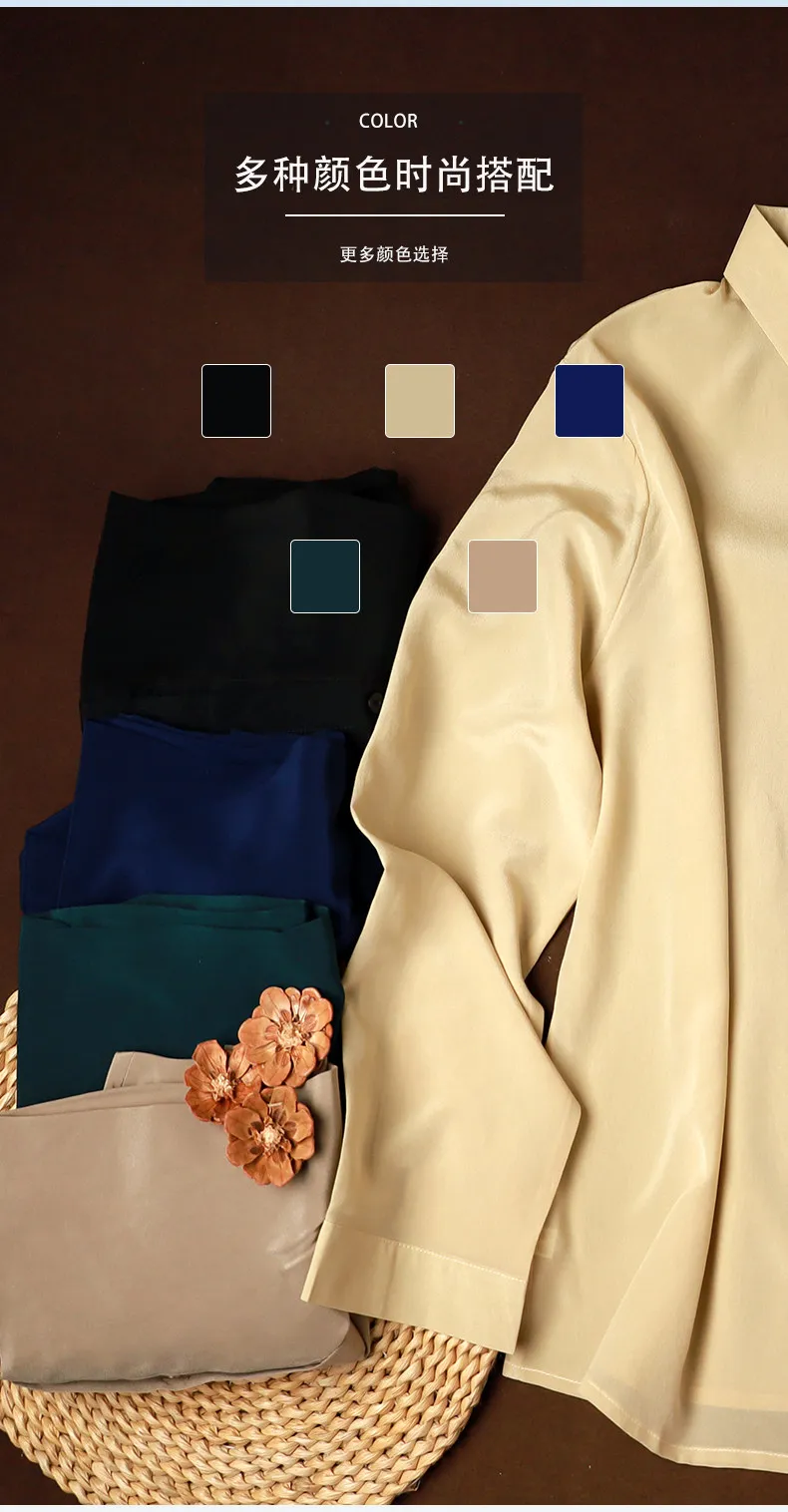 100% mulberry silk shirt women's double crepe matte long-sleeved simple square collar casual commute spring and summer thin