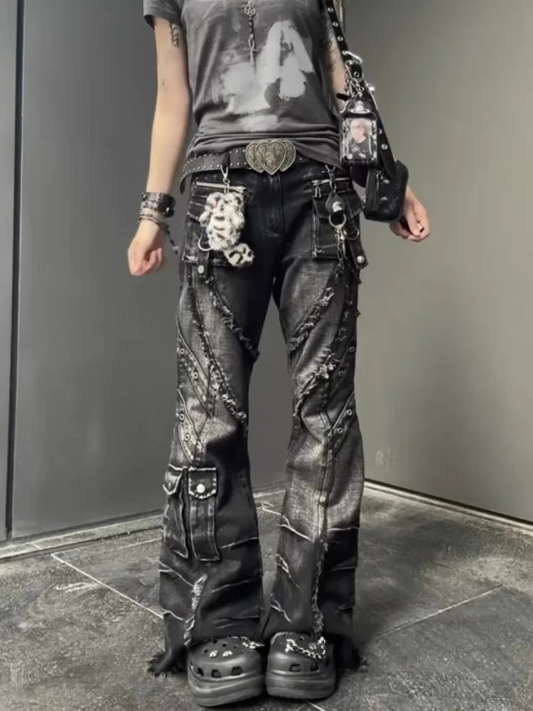 Japanese Y2K 2026 Autumn Winter Women's Denim Flared Jeans Bell Bottom Designer Kpop 2000s Pants Dark Academia Cargo Goblin Core