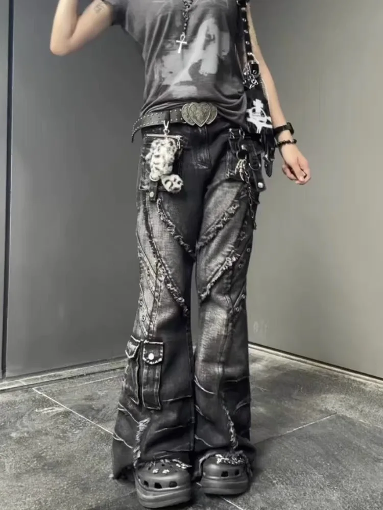 Japanese Y2K 2026 Autumn Winter Women's Denim Flared Jeans Bell Bottom Designer Kpop 2000s Pants Dark Academia Cargo Goblin Core