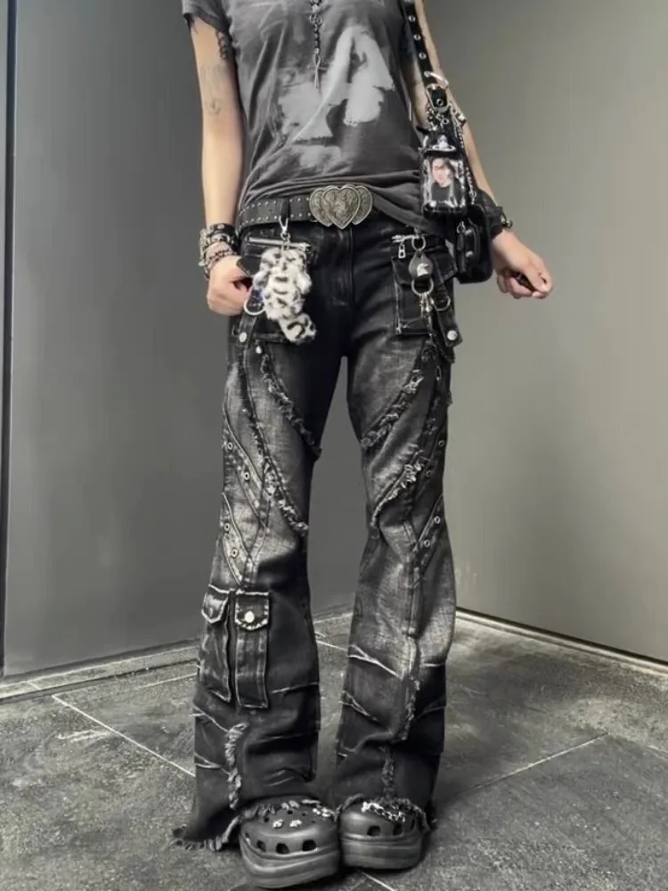 Japanese Y2K 2026 Autumn Winter Women's Denim Flared Jeans Bell Bottom Designer Kpop 2000s Pants Dark Academia Cargo Goblin Core