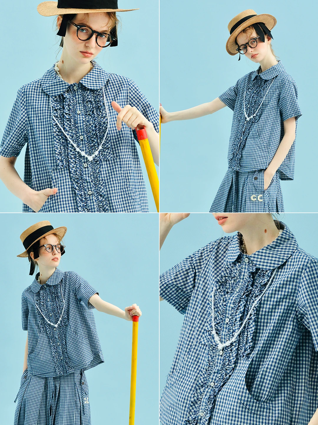imakokoni Women's Blouses and Shirts Female Clothing 2026 New Collection Tops Doll Collar Ruffle Plaid Short Sleeve Shirt 255011