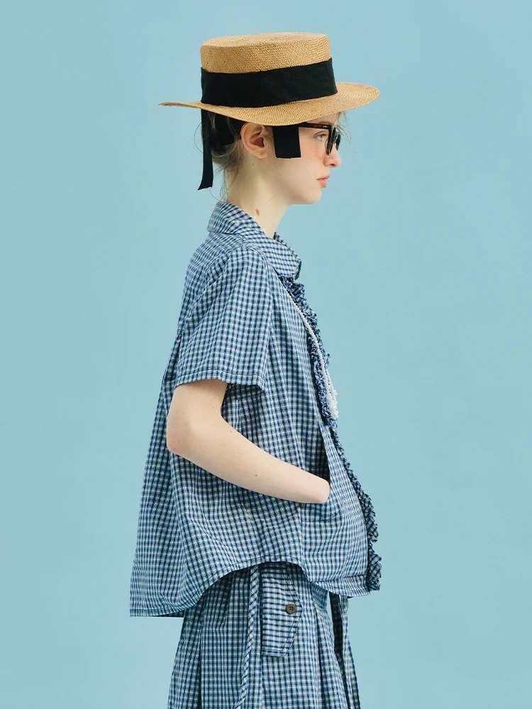 imakokoni Women's Blouses and Shirts Female Clothing 2026 New Collection Tops Doll Collar Ruffle Plaid Short Sleeve Shirt 255011