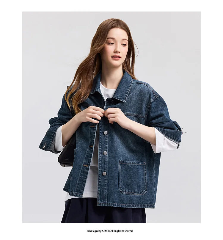 Semir Denim Jacket Women Lapel Drop-shoulder Top Casual and Elegant 2025 Spring New Loose Jacket Instagram Trendy