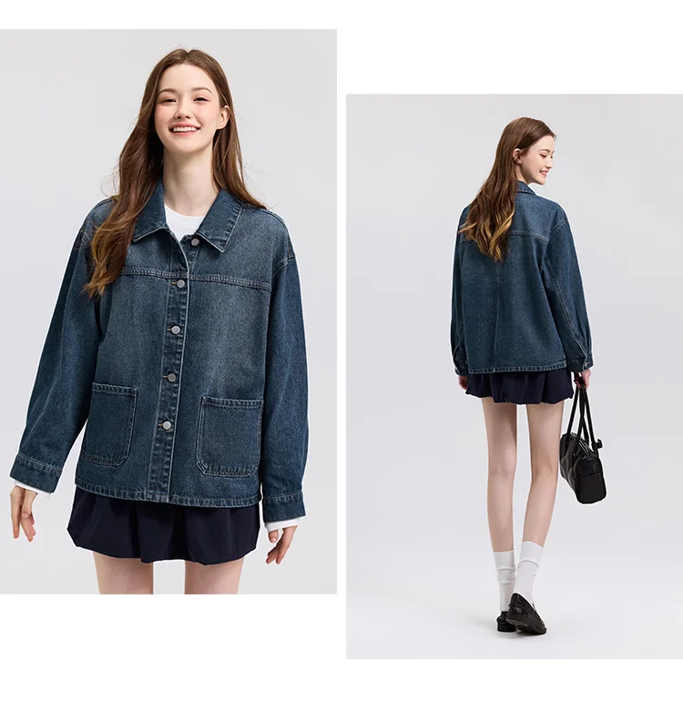 Semir Denim Jacket Women Lapel Drop-shoulder Top Casual and Elegant 2025 Spring New Loose Jacket Instagram Trendy