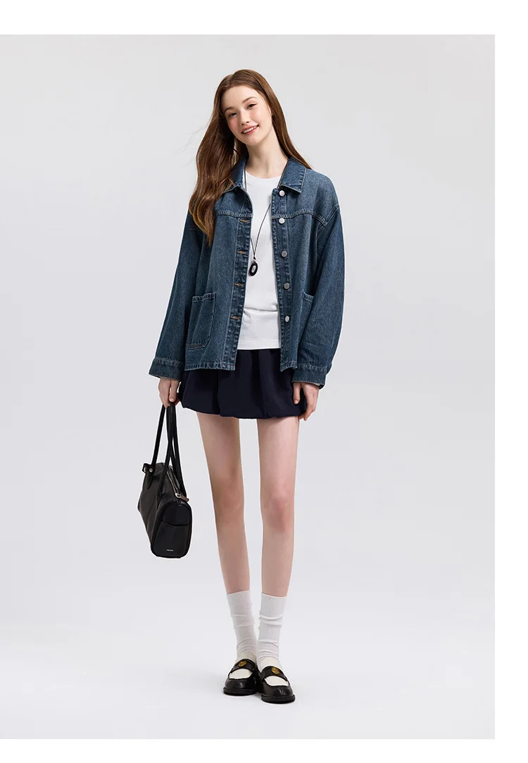 Semir Denim Jacket Women Lapel Drop-shoulder Top Casual and Elegant 2025 Spring New Loose Jacket Instagram Trendy