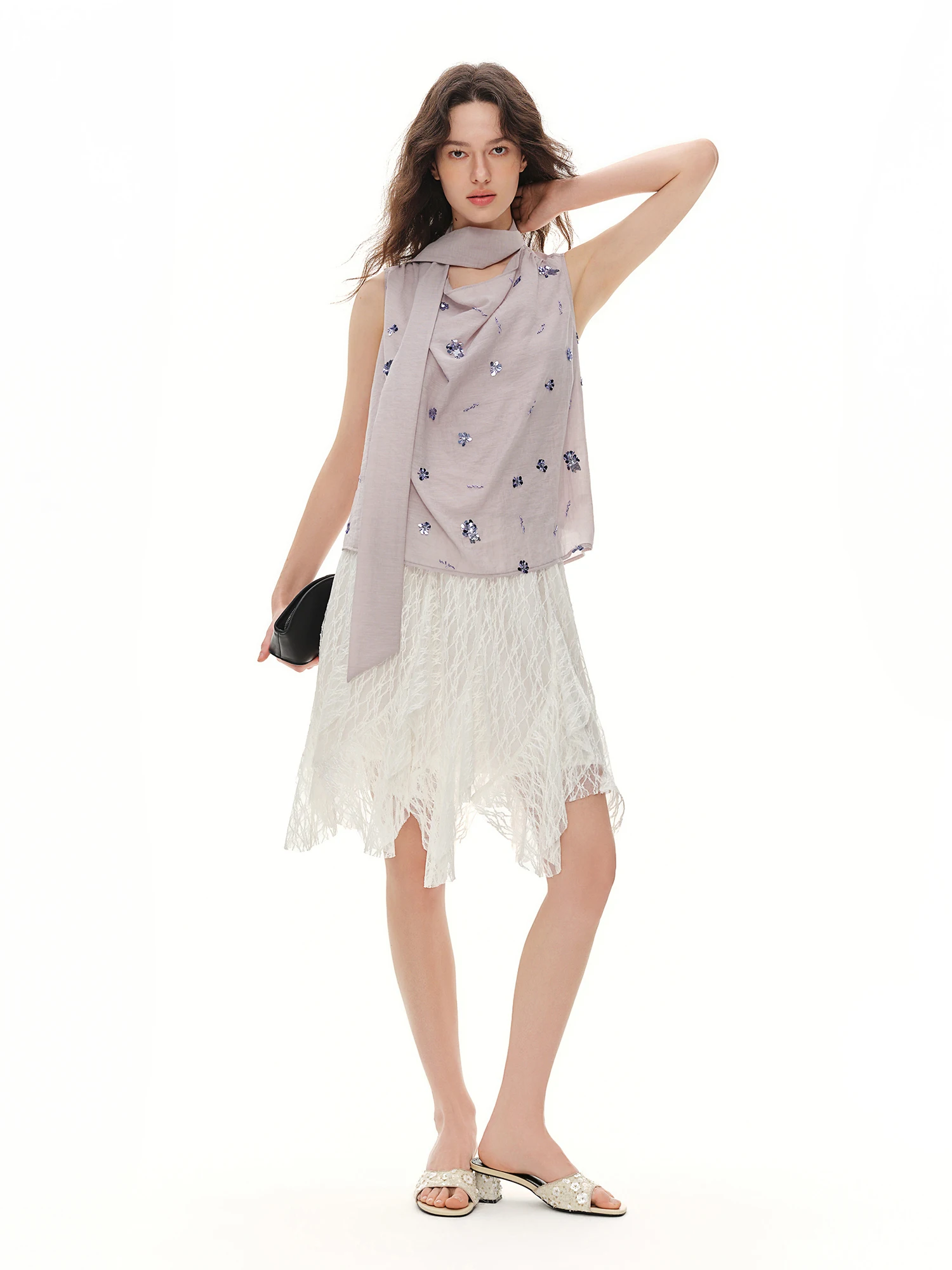 DUSHU 2026 Summer Women's Sequin Embroidered Cowl Neck Sleeveless Blouse with Draped Tie Detail - Effortless Relaxation Style