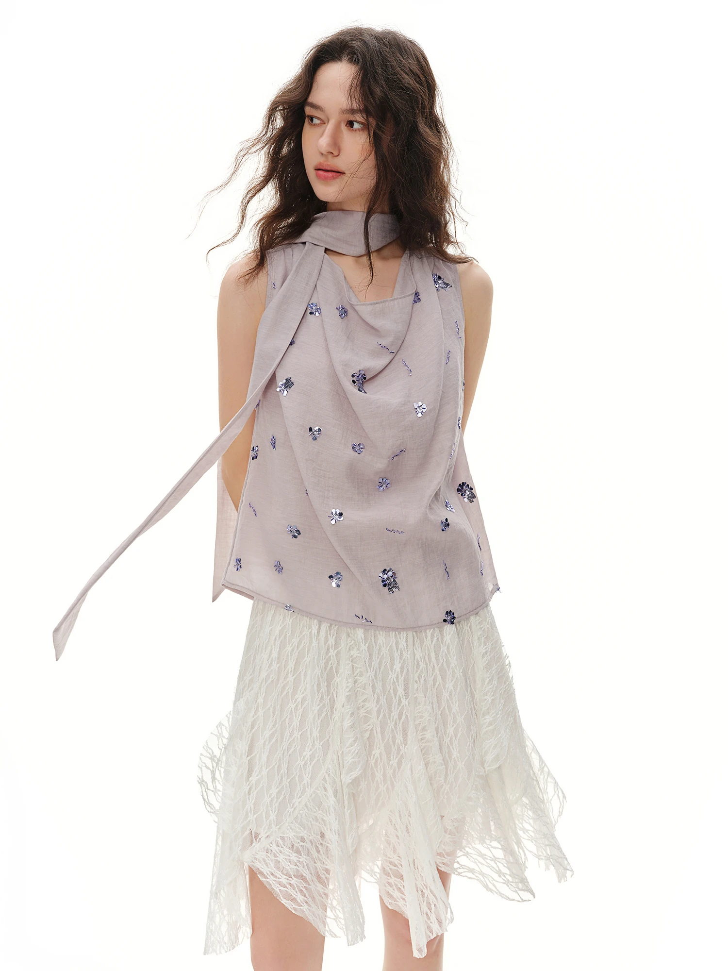 DUSHU 2026 Summer Women's Sequin Embroidered Cowl Neck Sleeveless Blouse with Draped Tie Detail - Effortless Relaxation Style