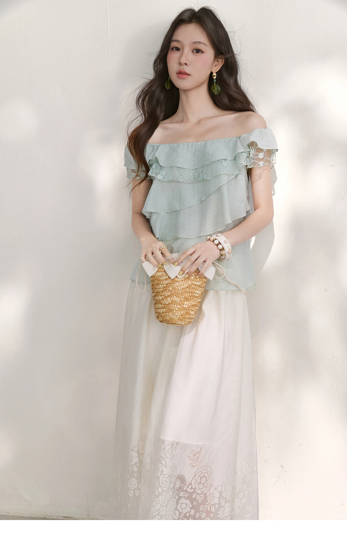MISHOW Women's Sweet Square Neck Blouses 2026 Summer Lace Embroidery Irregular Ruffle Blouse Elegant Blend Fabric Top MXF29X2726