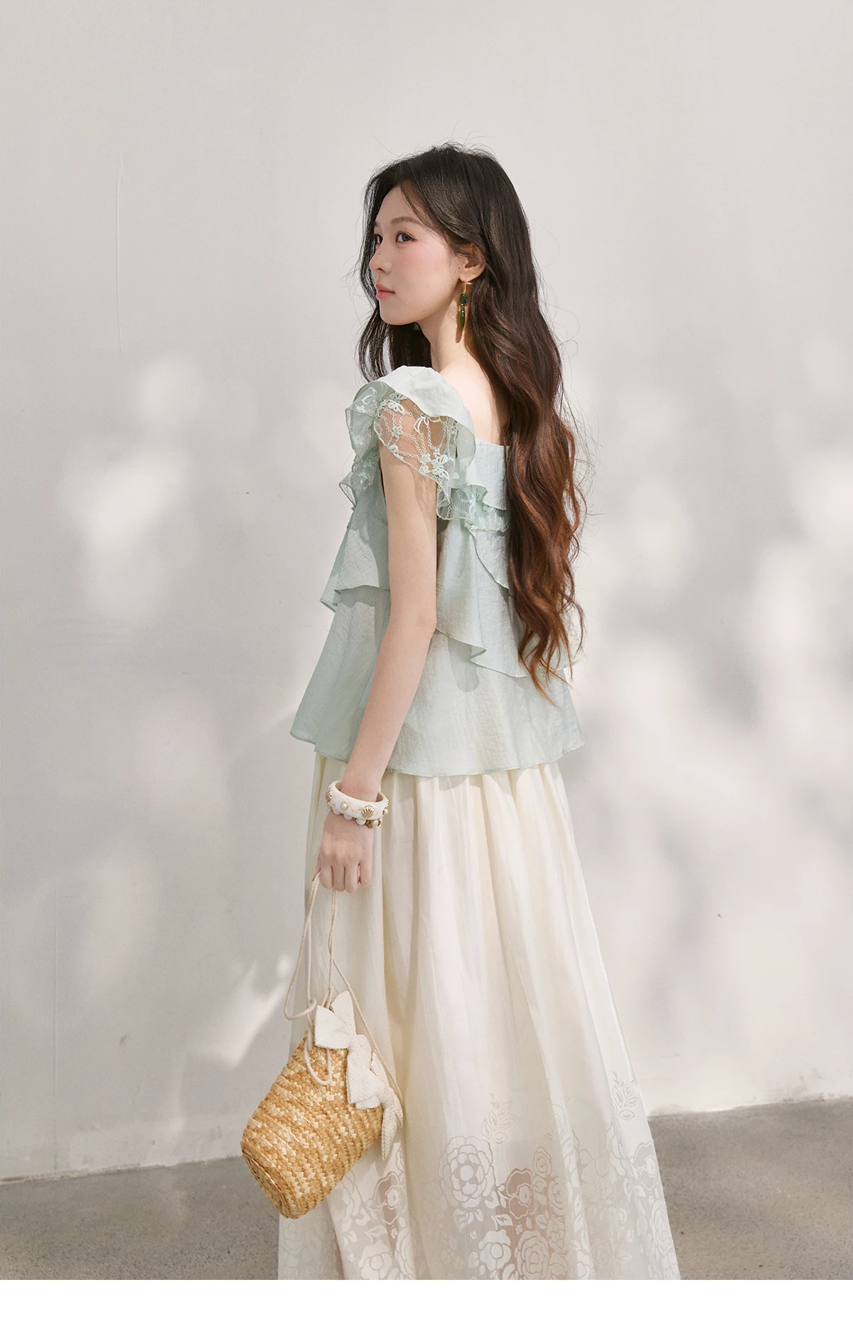 MISHOW Women's Sweet Square Neck Blouses 2026 Summer Lace Embroidery Irregular Ruffle Blouse Elegant Blend Fabric Top MXF29X2726