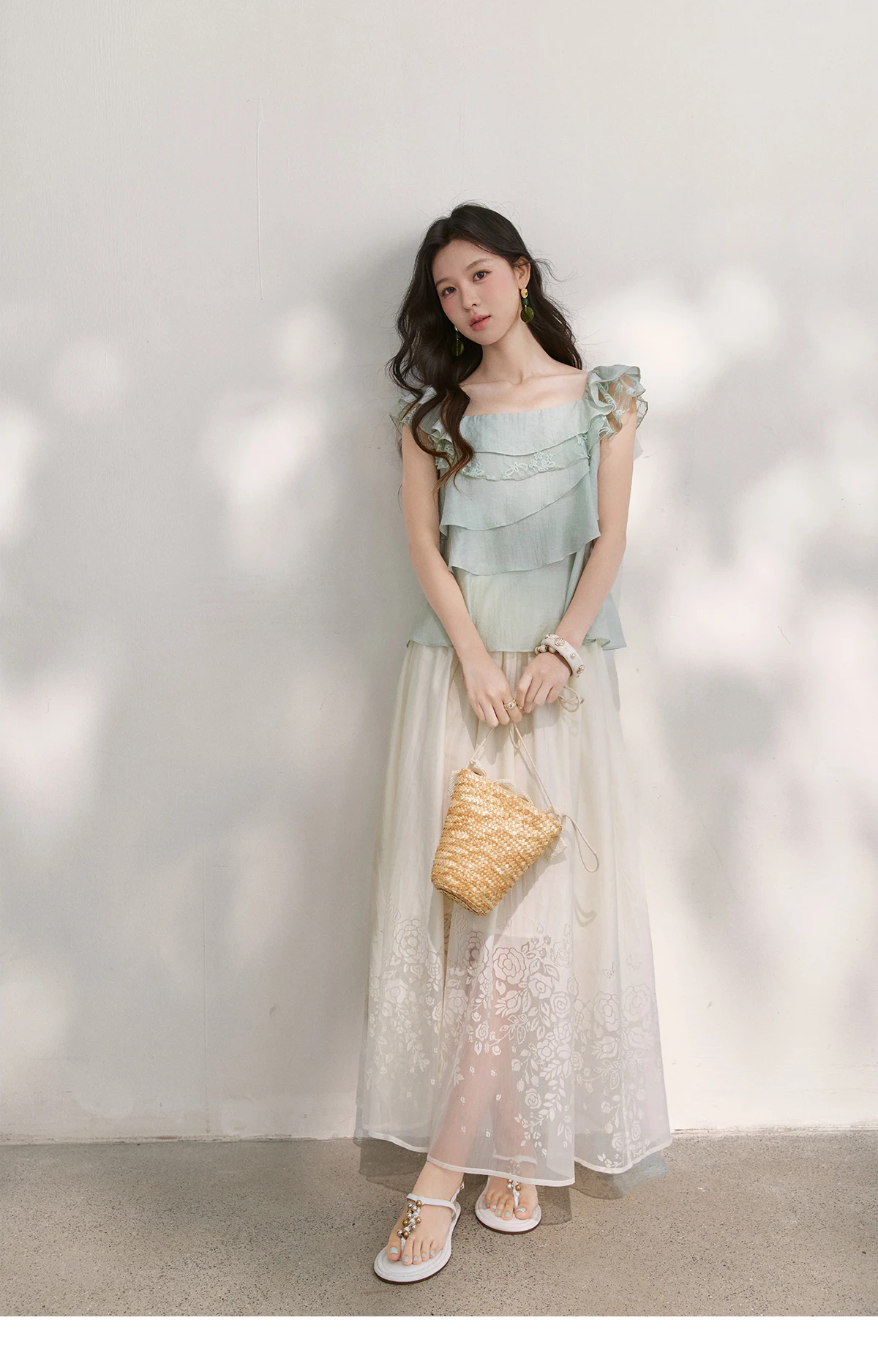 MISHOW Women's Sweet Square Neck Blouses 2026 Summer Lace Embroidery Irregular Ruffle Blouse Elegant Blend Fabric Top MXF29X2726