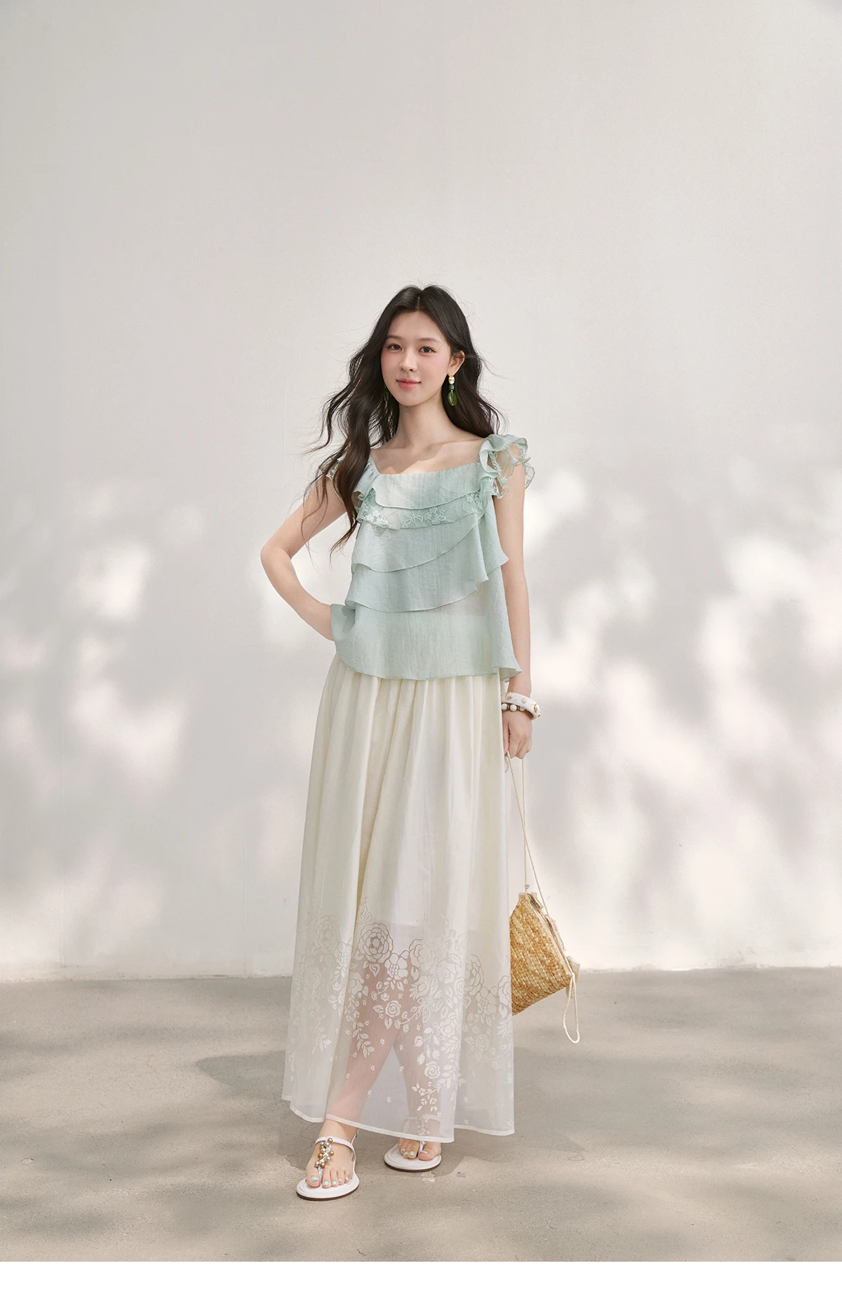 MISHOW Women's Sweet Square Neck Blouses 2026 Summer Lace Embroidery Irregular Ruffle Blouse Elegant Blend Fabric Top MXF29X2726
