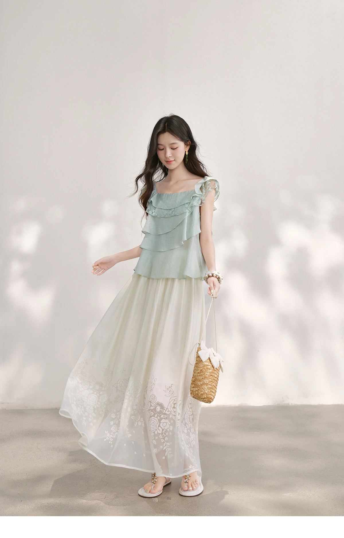 MISHOW Women's Sweet Square Neck Blouses 2026 Summer Lace Embroidery Irregular Ruffle Blouse Elegant Blend Fabric Top MXF29X2726