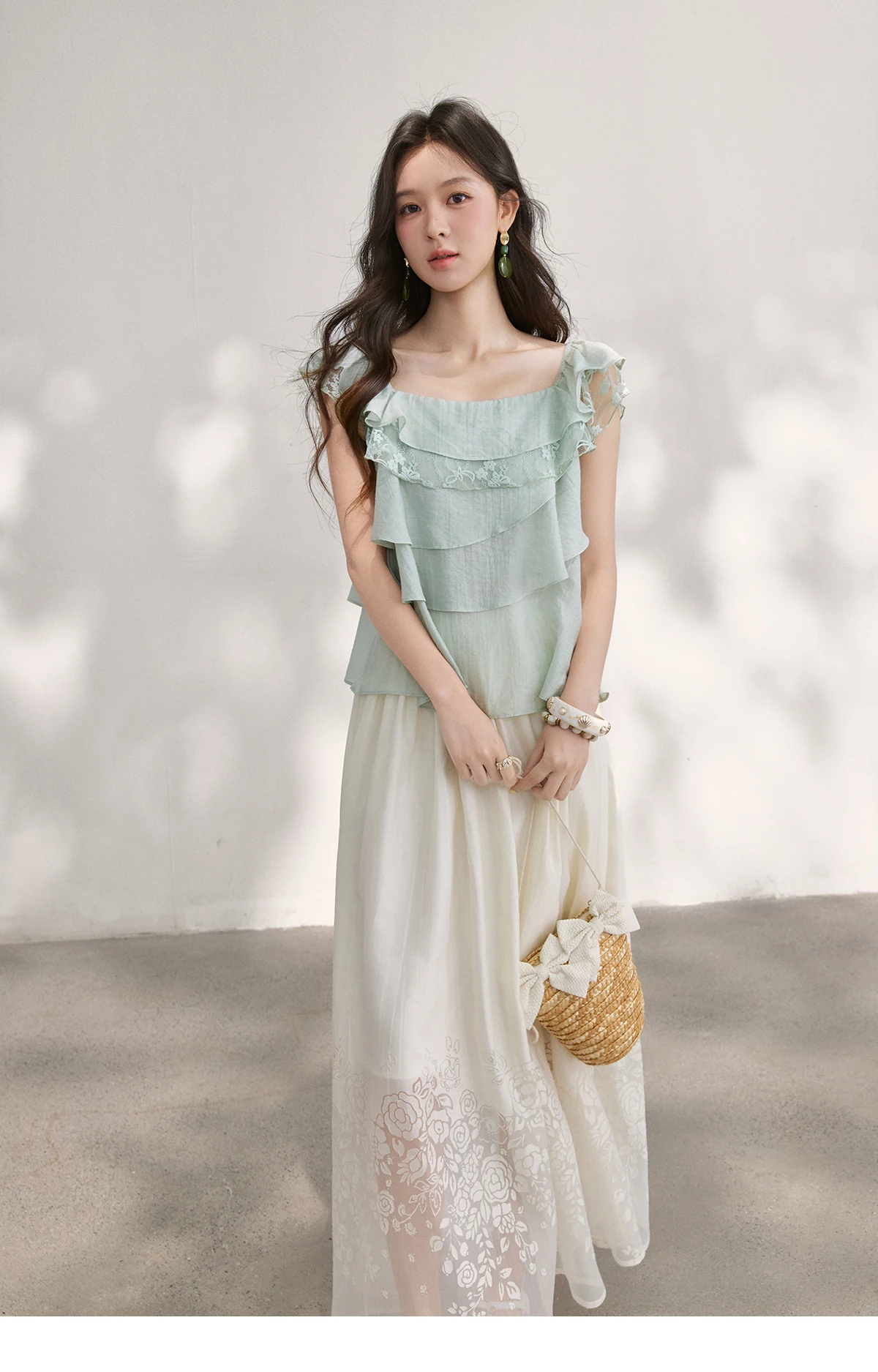 MISHOW Women's Sweet Square Neck Blouses 2026 Summer Lace Embroidery Irregular Ruffle Blouse Elegant Blend Fabric Top MXF29X2726