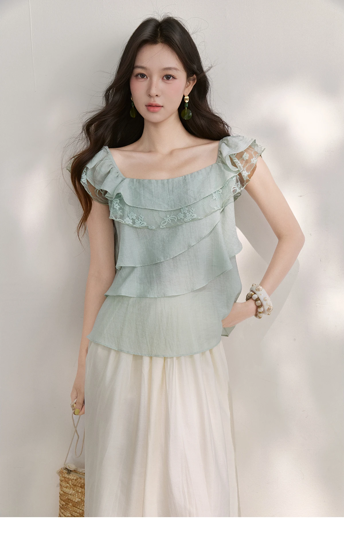 MISHOW Women's Sweet Square Neck Blouses 2026 Summer Lace Embroidery Irregular Ruffle Blouse Elegant Blend Fabric Top MXF29X2726