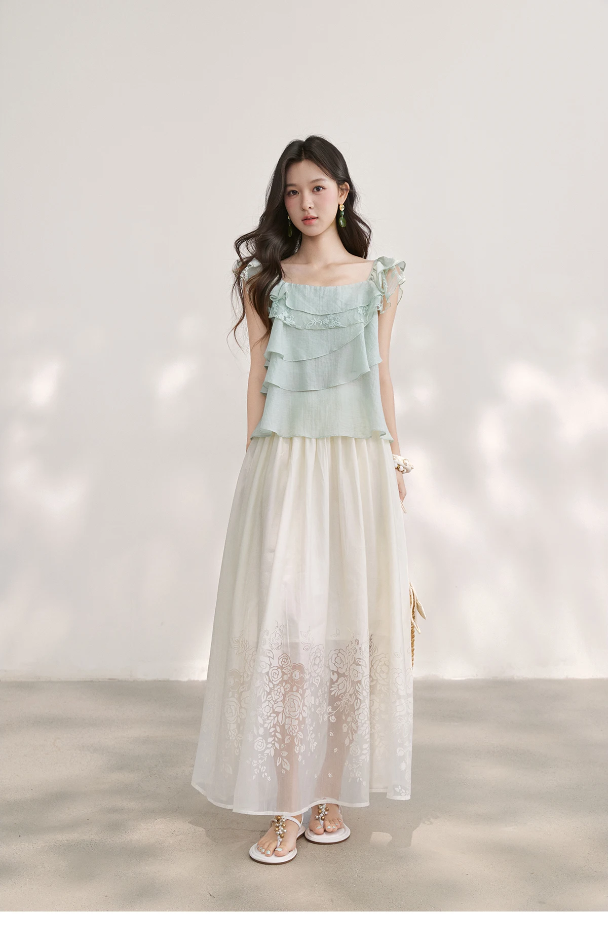 MISHOW Women's Sweet Square Neck Blouses 2026 Summer Lace Embroidery Irregular Ruffle Blouse Elegant Blend Fabric Top MXF29X2726