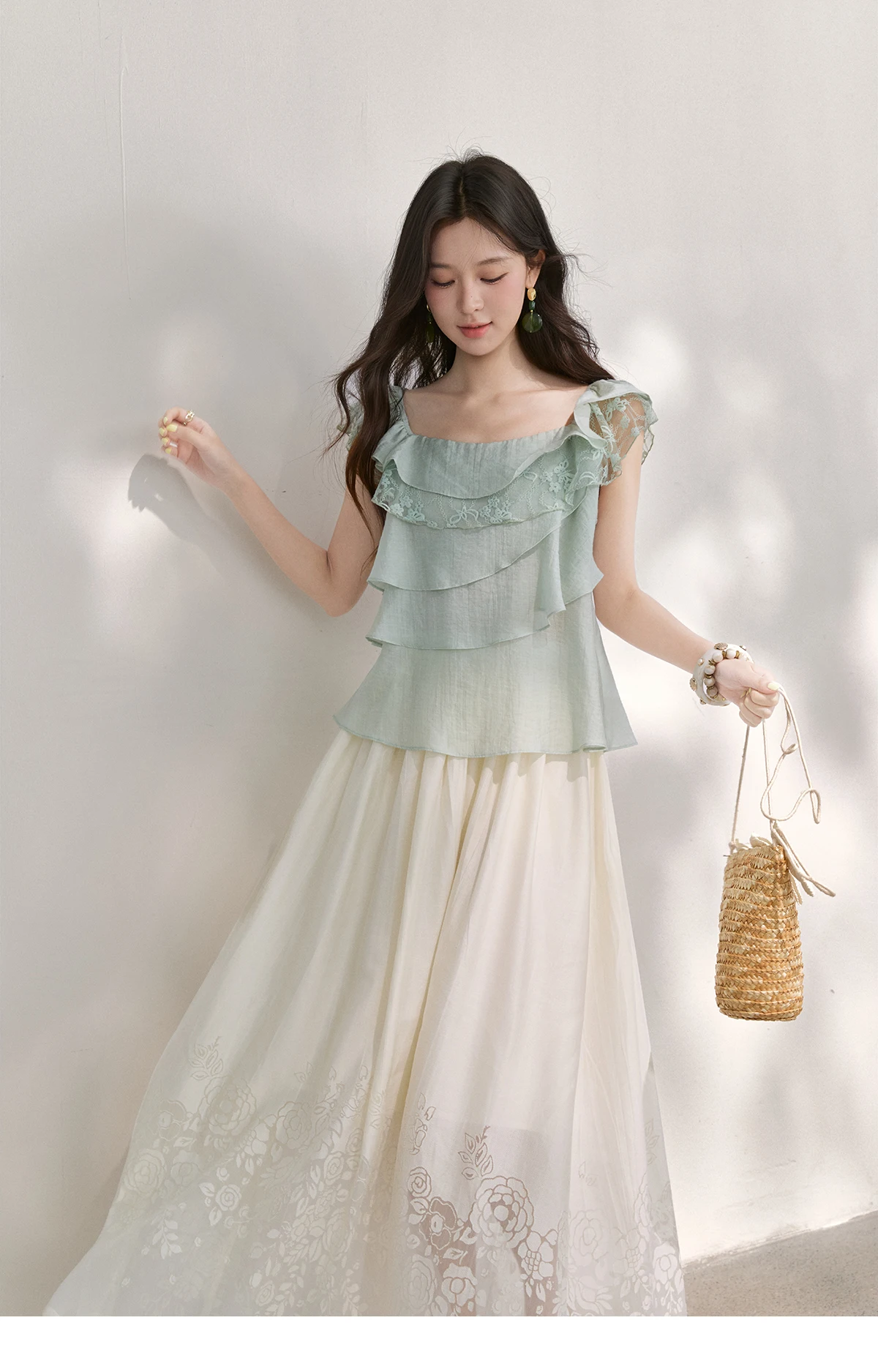 MISHOW Women's Sweet Square Neck Blouses 2026 Summer Lace Embroidery Irregular Ruffle Blouse Elegant Blend Fabric Top MXF29X2726