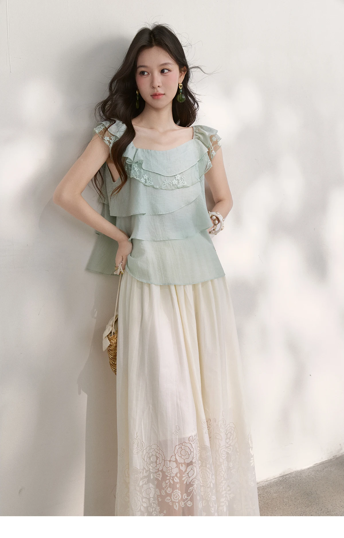 MISHOW Women's Sweet Square Neck Blouses 2026 Summer Lace Embroidery Irregular Ruffle Blouse Elegant Blend Fabric Top MXF29X2726