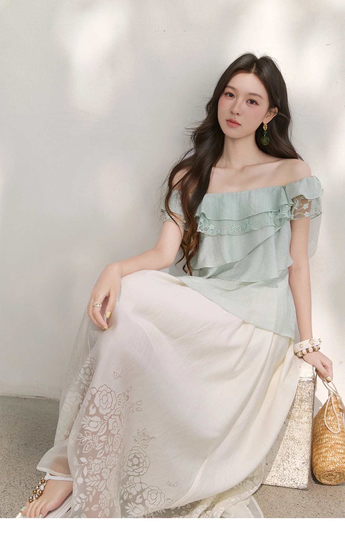 MISHOW Women's Sweet Square Neck Blouses 2026 Summer Lace Embroidery Irregular Ruffle Blouse Elegant Blend Fabric Top MXF29X2726