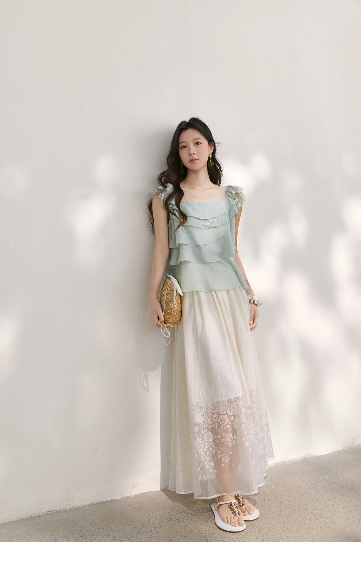 MISHOW Women's Sweet Square Neck Blouses 2026 Summer Lace Embroidery Irregular Ruffle Blouse Elegant Blend Fabric Top MXF29X2726
