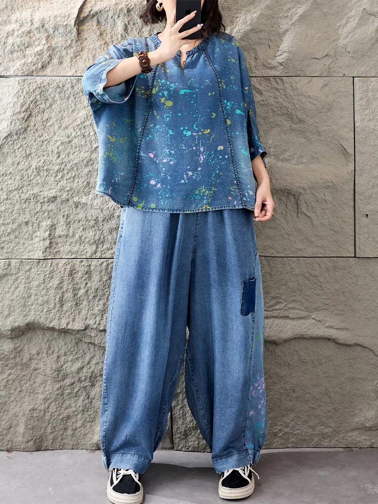 Amax LuluE 2026 Outfits Ladies Fashion T-Shirts Suits Loose Printed Denim Two Pieces Sets Loose Tops Casual Jeans Classic Pants