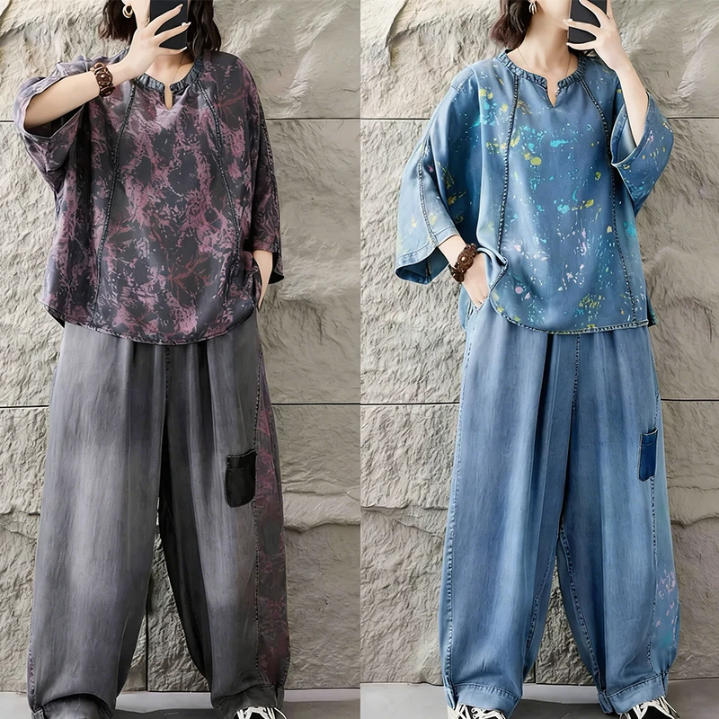Amax LuluE 2026 Outfits Ladies Fashion T-Shirts Suits Loose Printed Denim Two Pieces Sets Loose Tops Casual Jeans Classic Pants
