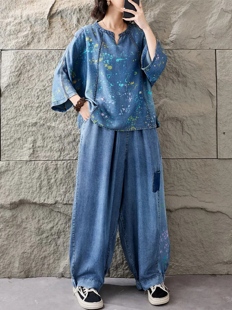 Amax LuluE 2026 Outfits Ladies Fashion T-Shirts Suits Loose Printed Denim Two Pieces Sets Loose Tops Casual Jeans Classic Pants