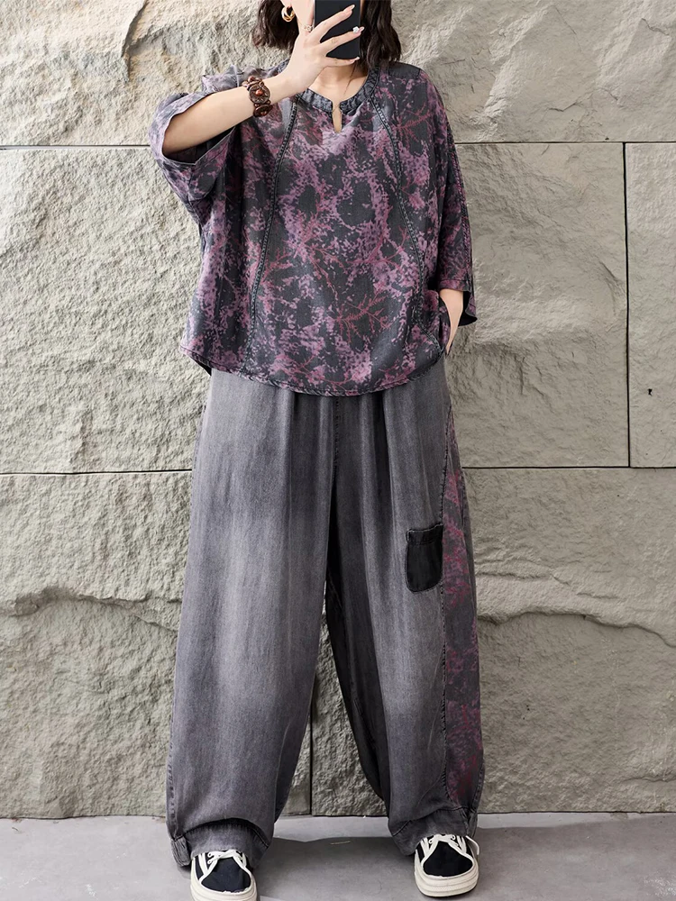 Amax LuluE 2026 Outfits Ladies Fashion T-Shirts Suits Loose Printed Denim Two Pieces Sets Loose Tops Casual Jeans Classic Pants