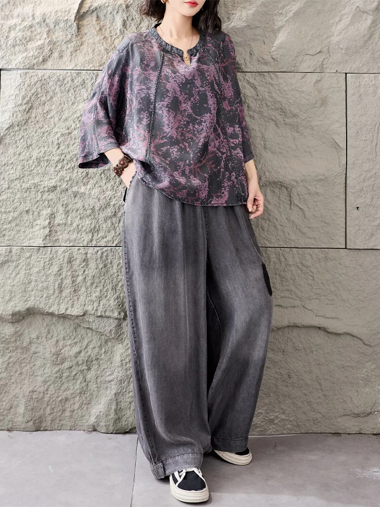 Amax LuluE 2026 Outfits Ladies Fashion T-Shirts Suits Loose Printed Denim Two Pieces Sets Loose Tops Casual Jeans Classic Pants