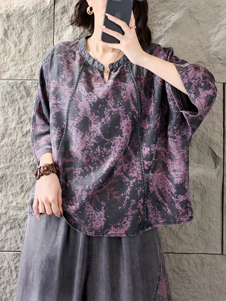 Amax LuluE 2026 Outfits Ladies Fashion T-Shirts Suits Loose Printed Denim Two Pieces Sets Loose Tops Casual Jeans Classic Pants