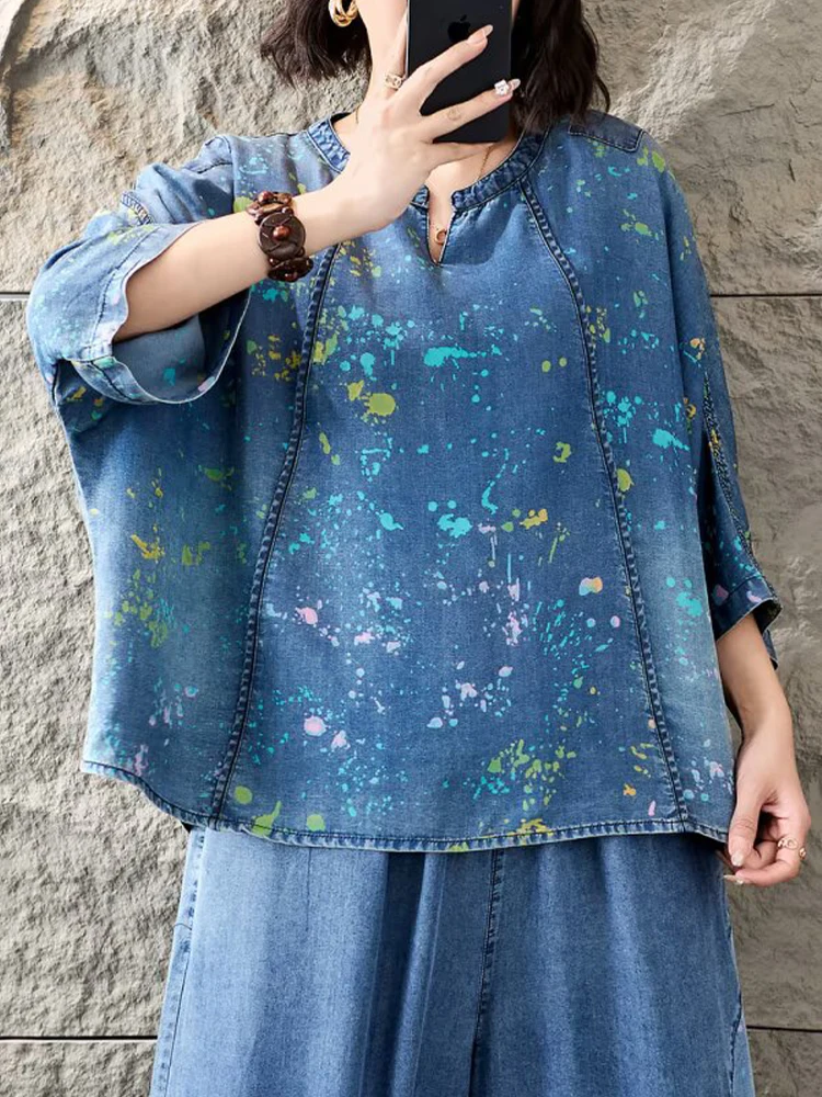Amax LuluE 2026 Outfits Ladies Fashion T-Shirts Suits Loose Printed Denim Two Pieces Sets Loose Tops Casual Jeans Classic Pants