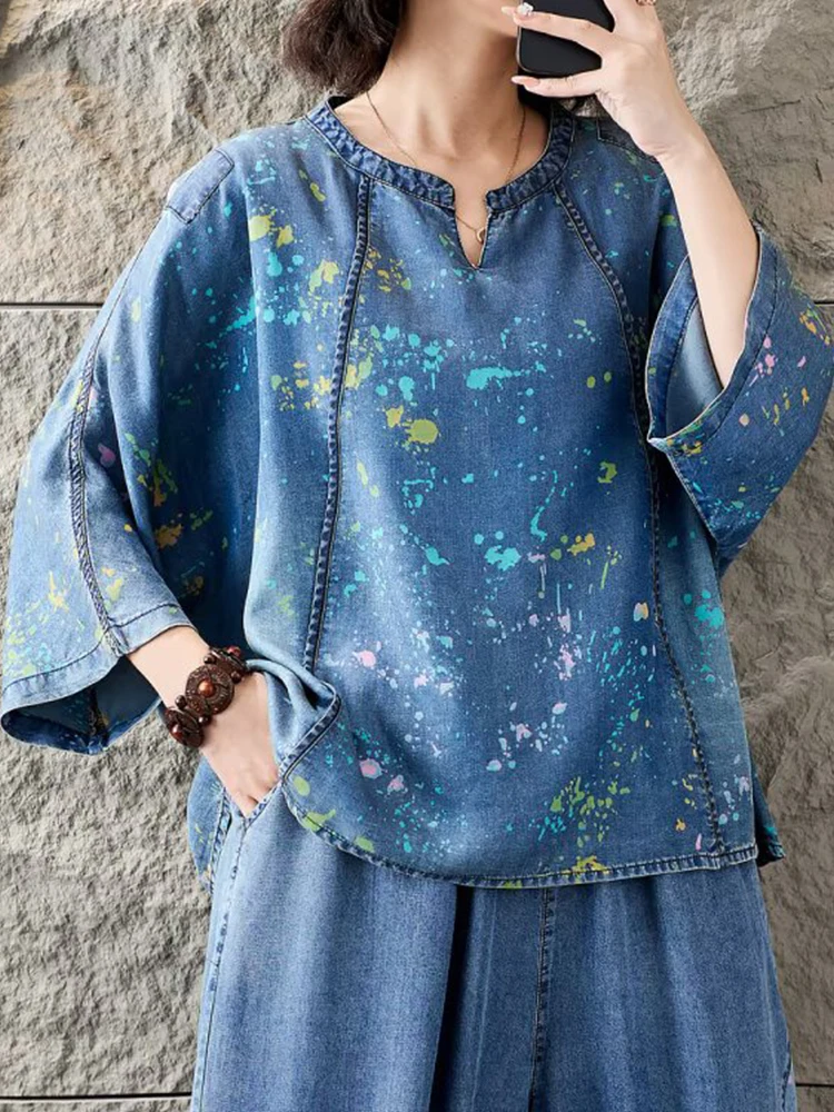 Amax LuluE 2026 Outfits Ladies Fashion T-Shirts Suits Loose Printed Denim Two Pieces Sets Loose Tops Casual Jeans Classic Pants