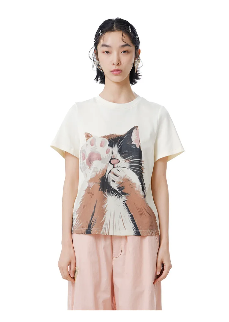 MOVEUP Short Sleeves Round Neck T-Shirt 2026 Summer New Pure Cotton Cat Print Tees Commuting Loose Fit Top For Women 325210580