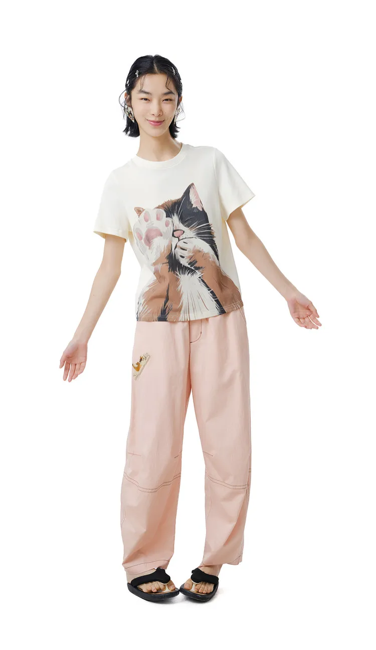 MOVEUP Short Sleeves Round Neck T-Shirt 2026 Summer New Pure Cotton Cat Print Tees Commuting Loose Fit Top For Women 325210580