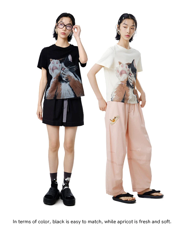 MOVEUP Short Sleeves Round Neck T-Shirt 2026 Summer New Pure Cotton Cat Print Tees Commuting Loose Fit Top For Women 325210580