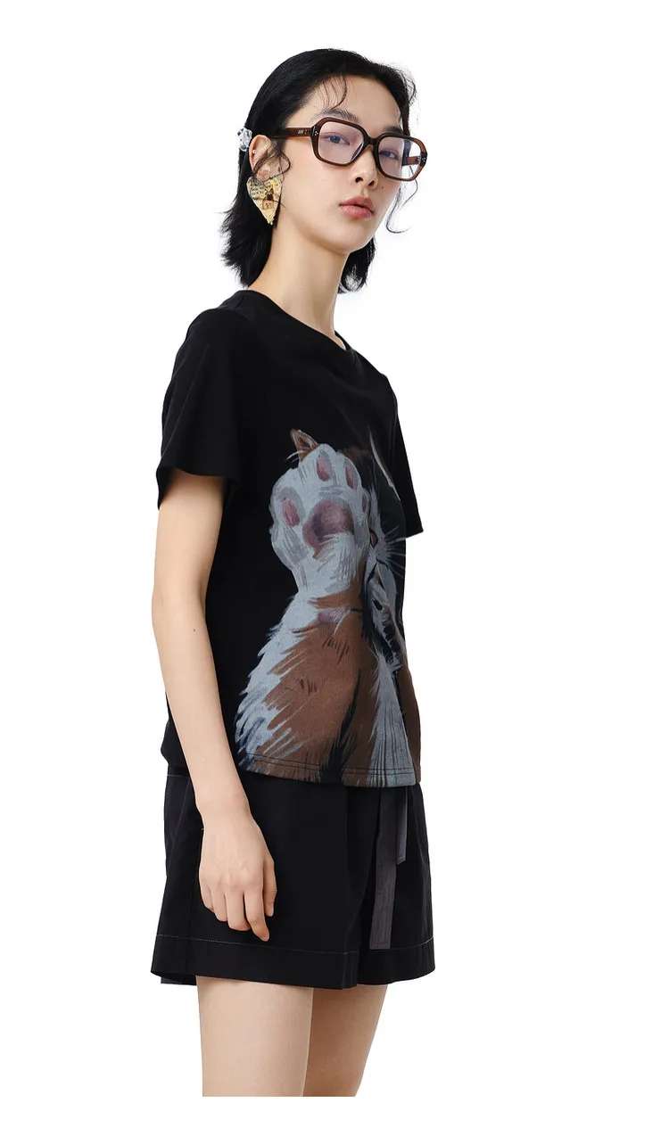 MOVEUP Short Sleeves Round Neck T-Shirt 2026 Summer New Pure Cotton Cat Print Tees Commuting Loose Fit Top For Women 325210580