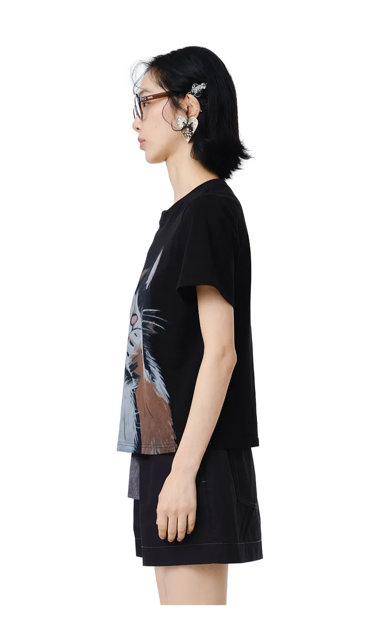 MOVEUP Short Sleeves Round Neck T-Shirt 2026 Summer New Pure Cotton Cat Print Tees Commuting Loose Fit Top For Women 325210580
