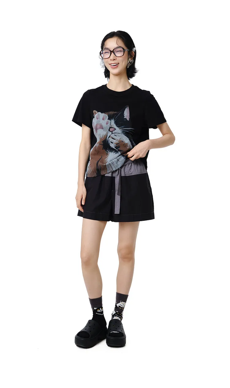 MOVEUP Short Sleeves Round Neck T-Shirt 2026 Summer New Pure Cotton Cat Print Tees Commuting Loose Fit Top For Women 325210580