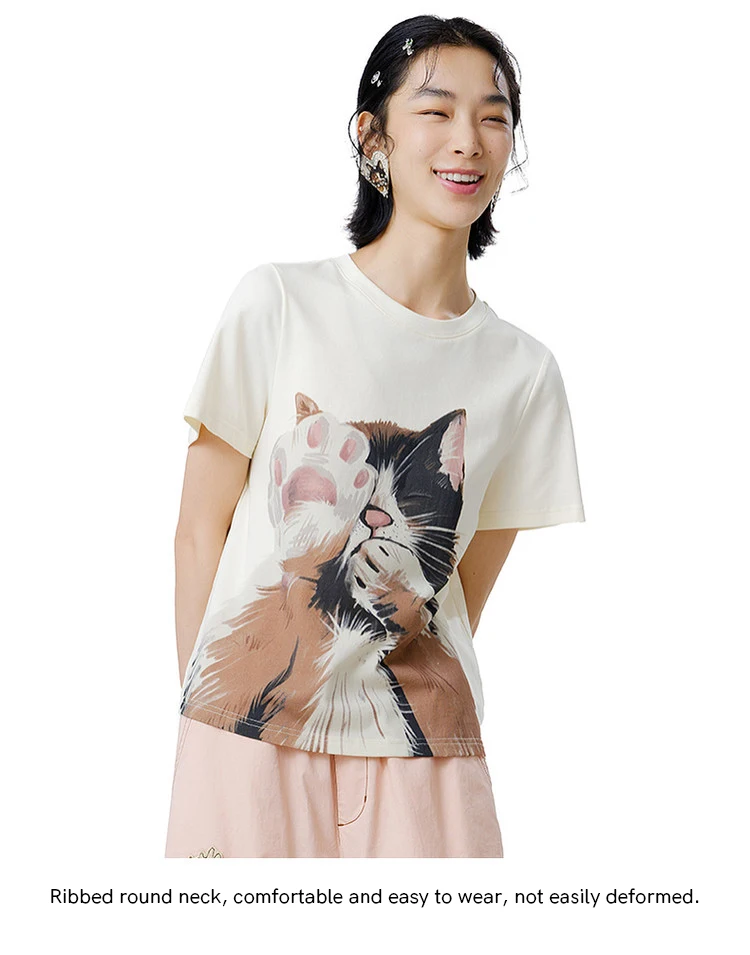 MOVEUP Short Sleeves Round Neck T-Shirt 2026 Summer New Pure Cotton Cat Print Tees Commuting Loose Fit Top For Women 325210580
