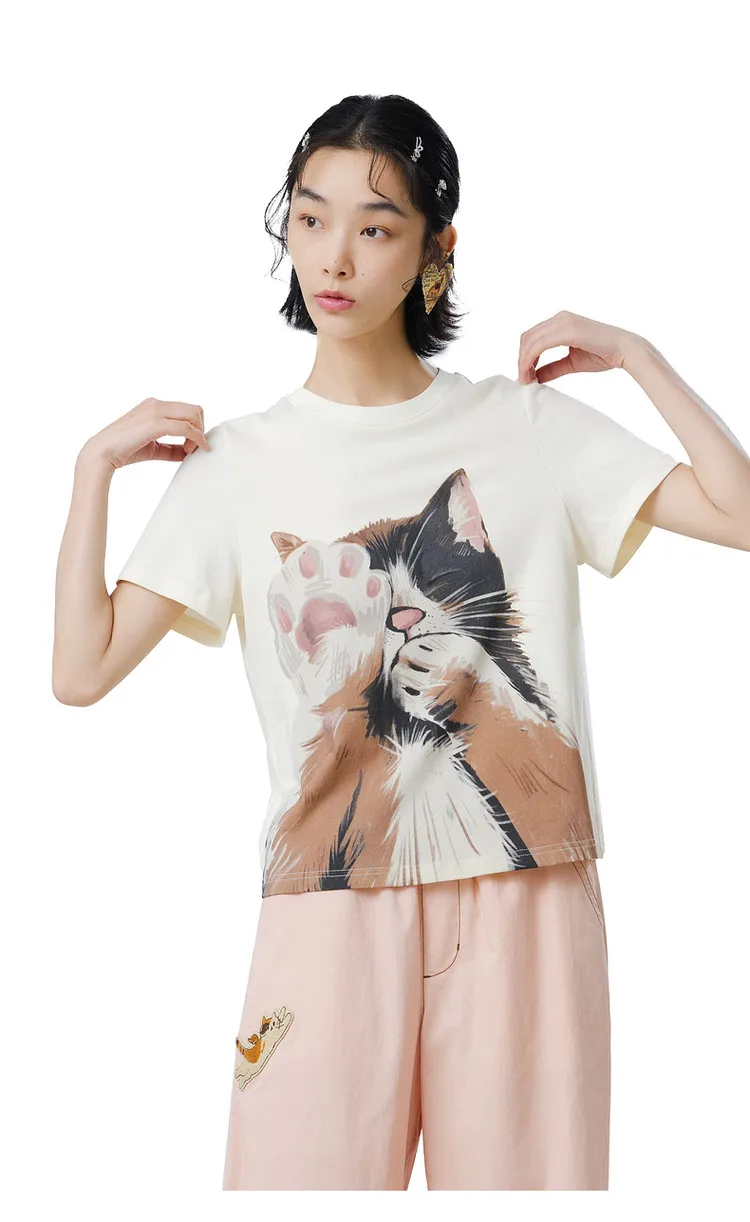 MOVEUP Short Sleeves Round Neck T-Shirt 2026 Summer New Pure Cotton Cat Print Tees Commuting Loose Fit Top For Women 325210580