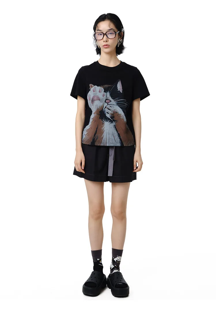 MOVEUP Short Sleeves Round Neck T-Shirt 2026 Summer New Pure Cotton Cat Print Tees Commuting Loose Fit Top For Women 325210580