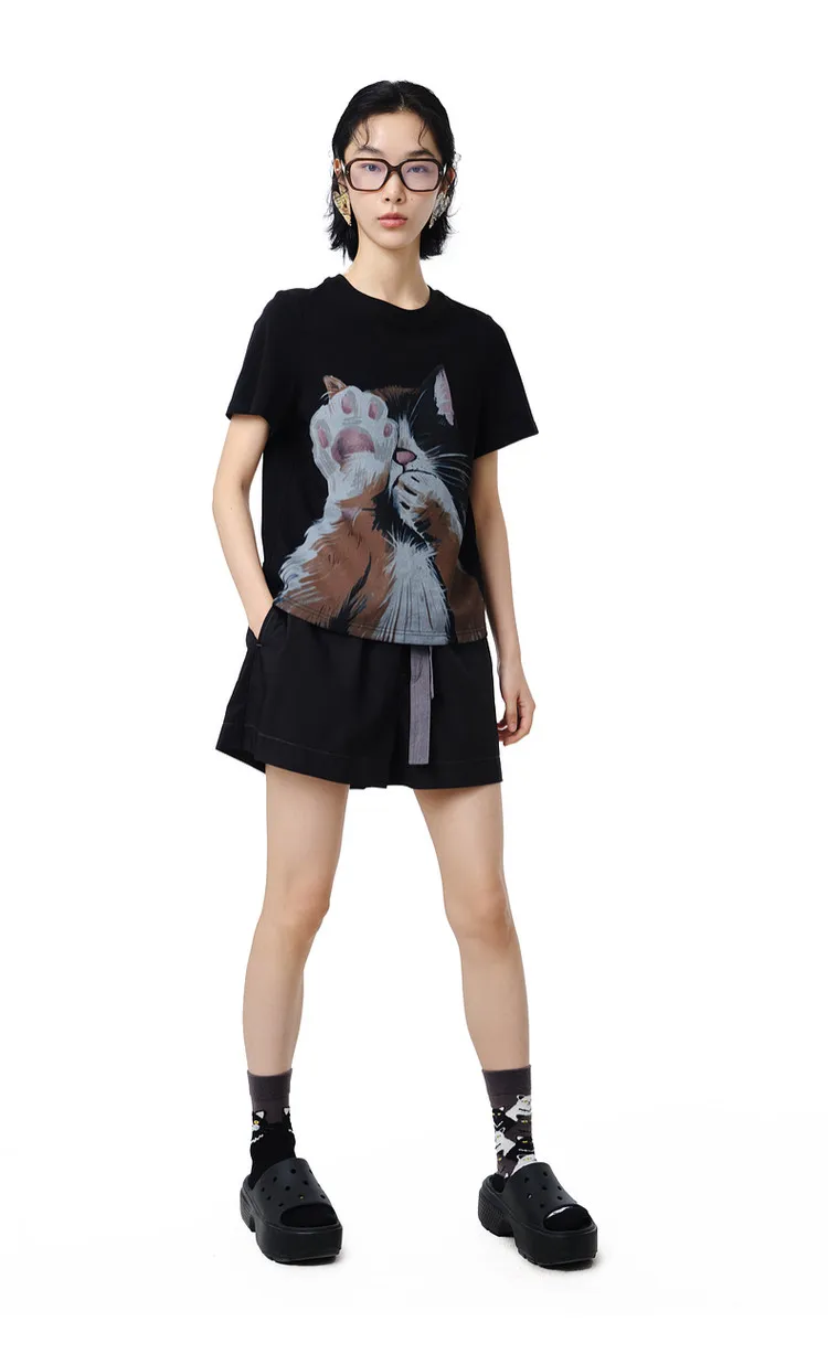 MOVEUP Short Sleeves Round Neck T-Shirt 2026 Summer New Pure Cotton Cat Print Tees Commuting Loose Fit Top For Women 325210580