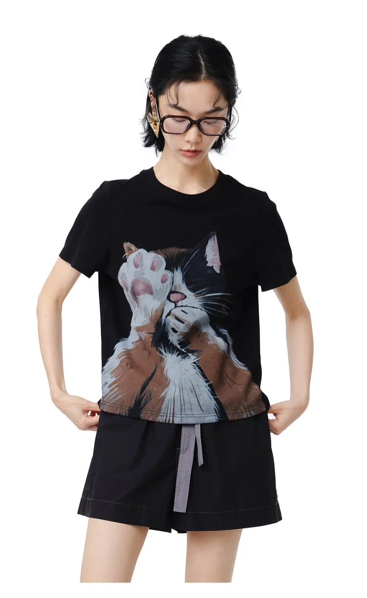 MOVEUP Short Sleeves Round Neck T-Shirt 2026 Summer New Pure Cotton Cat Print Tees Commuting Loose Fit Top For Women 325210580