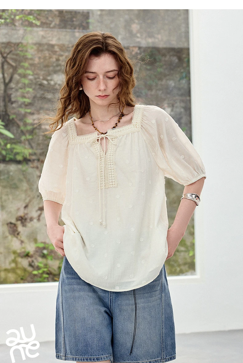 TOYOUTH Women Shirts 2026 Summer New French Style Square Neck Puff Sleeve Jacquard Pastoral Atmosphere Fairy Elegant Casual Tops